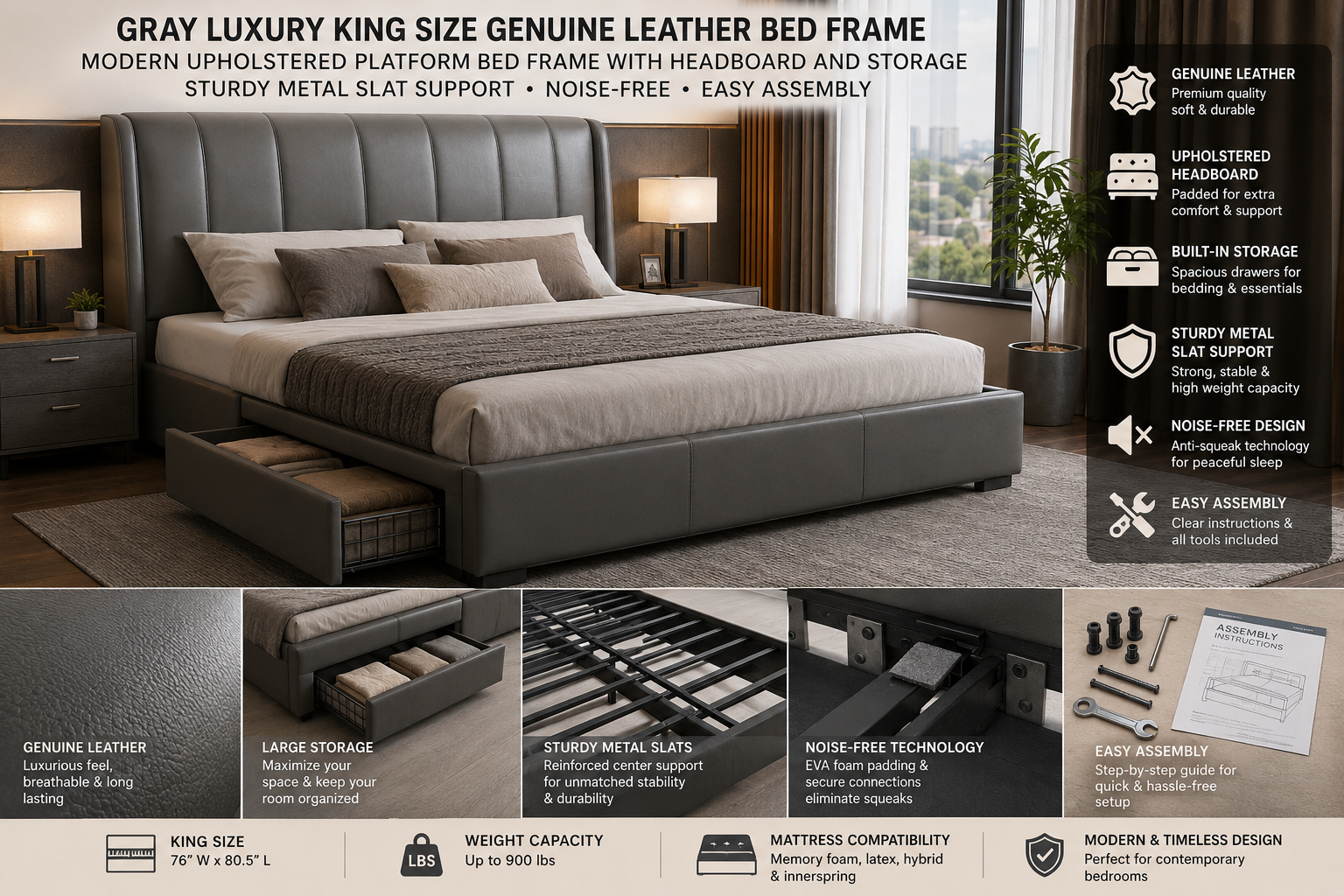 Gray king size genuine leather platform bed frame with storage and upholstered headboard