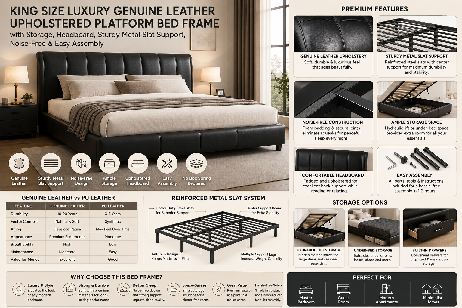 King size luxury genuine leather upholstered platform bed frame with storage, headboard, sturdy metal slat support, and noise-free design