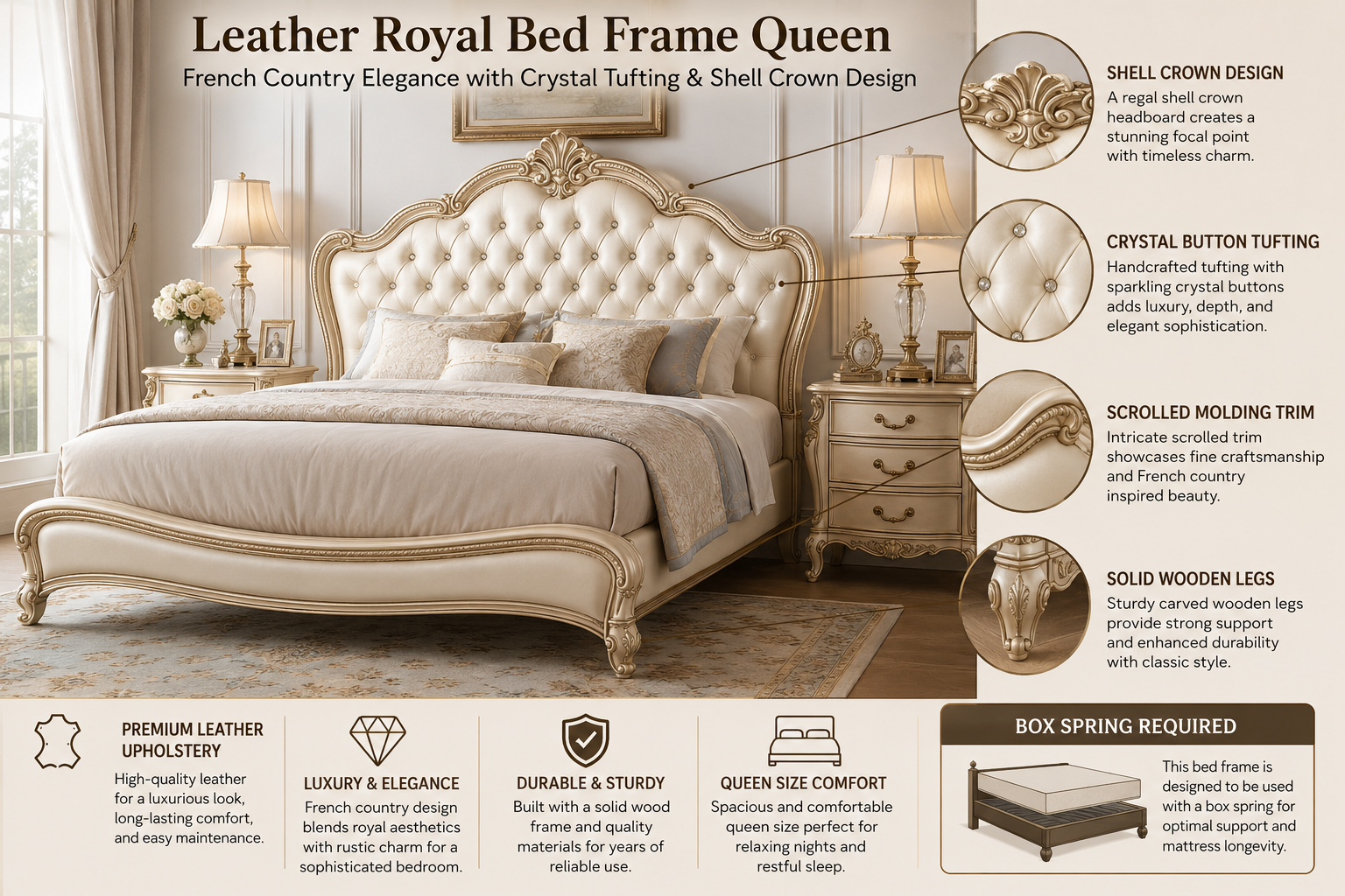 French Country Bed Frame with Crystal Button Tufting and Shell Crown Design, Queen Luxury Leather Bed Frames with Scrolled Molding Trim and Wooden Legs, Box Spring Required