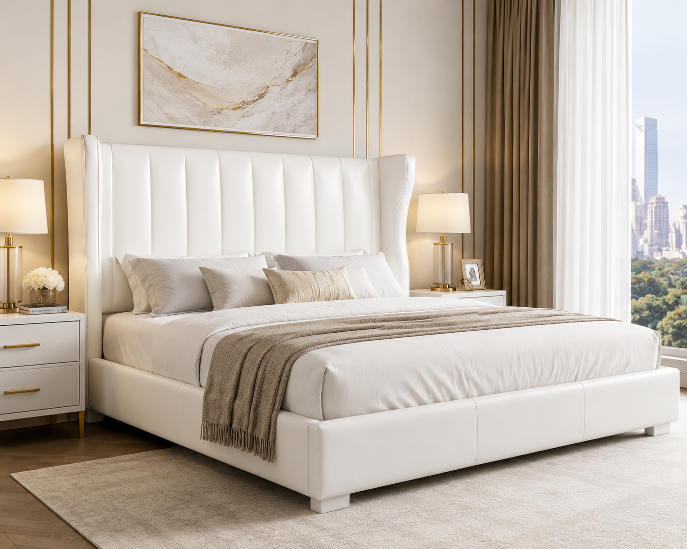 Luxury King Size Genuine Leather Upholstered Bed