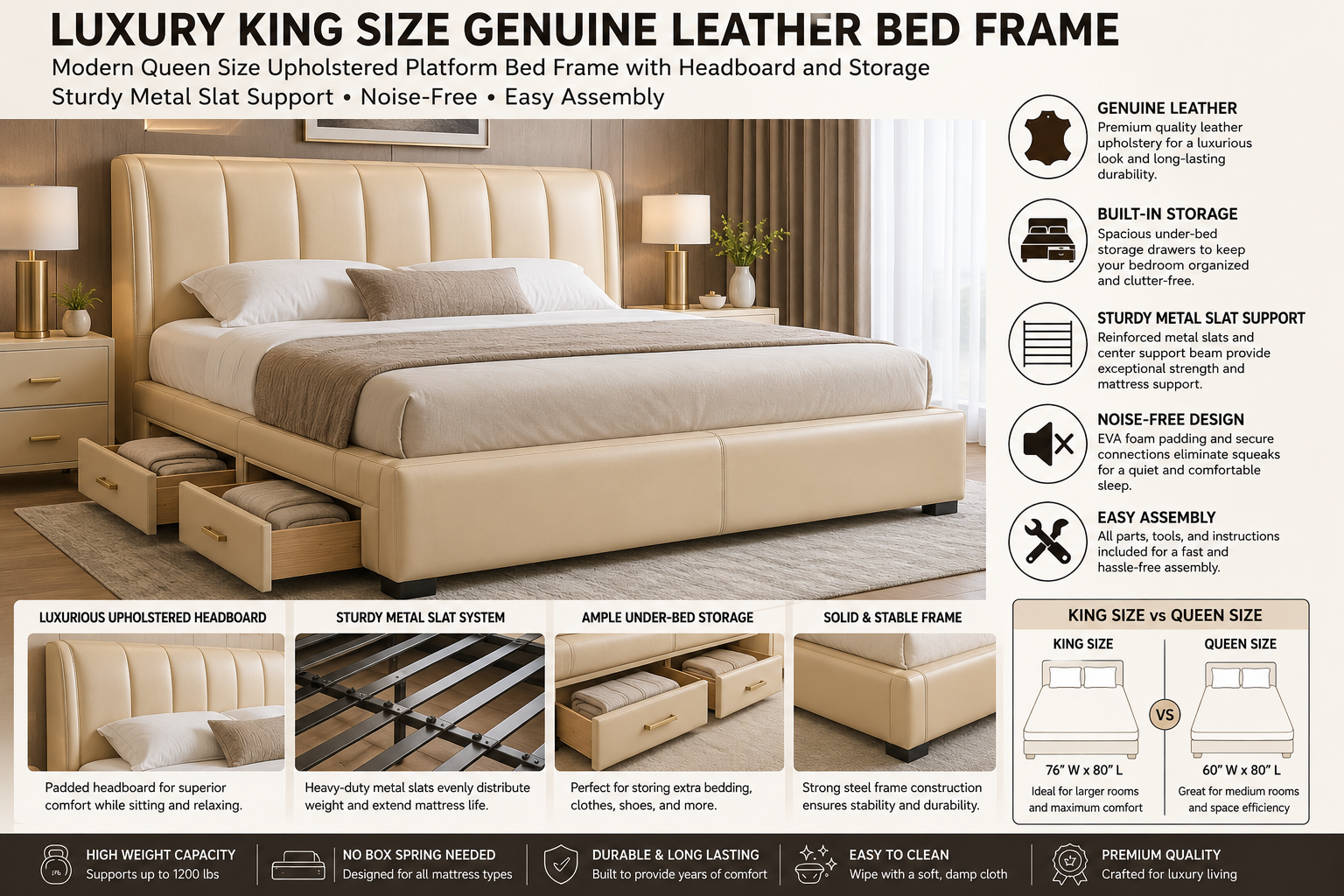 Luxury King Size Genuine Leather Bed Frame Modern Queen Size Upholstered Platform Bed Frame with Headboard and Storage Sturdy Metal Slat Support Noise-Free, Easy Assembly