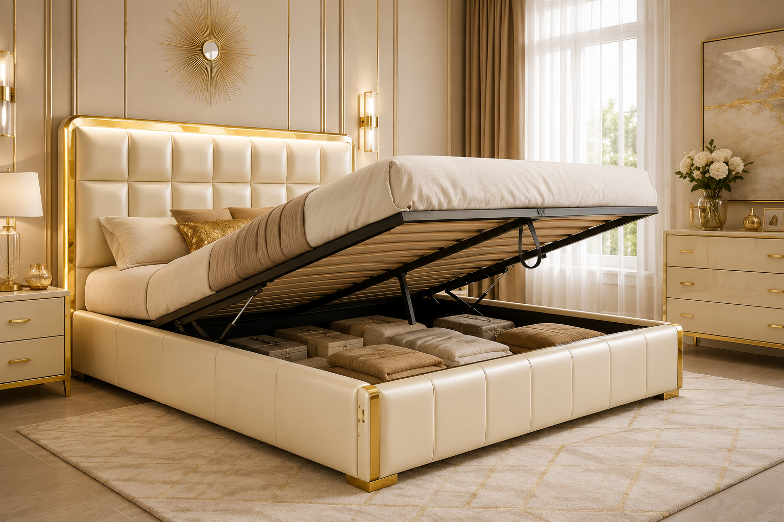 Luxury genuine leather padded queen storage bed with hydraulic lift-up platform