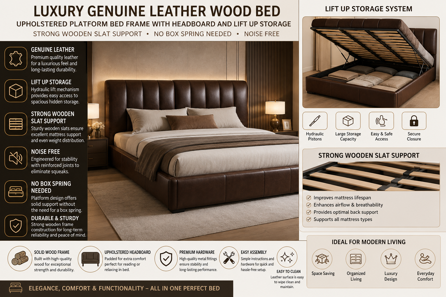 Luxury genuine leather upholstered platform bed frame with storage