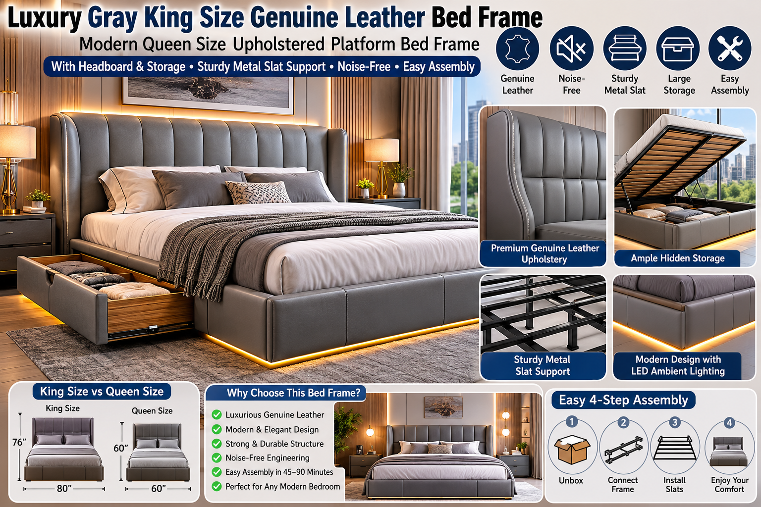 Luxury gray genuine leather platform bed frame with storage drawers and upholstered headboard in modern bedroom