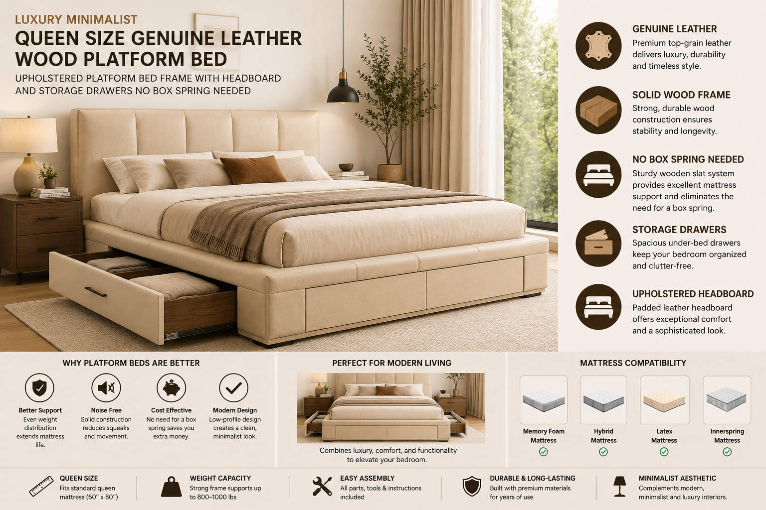 Luxury minimalist queen size genuine leather upholstered platform bed with storage drawers in beige
