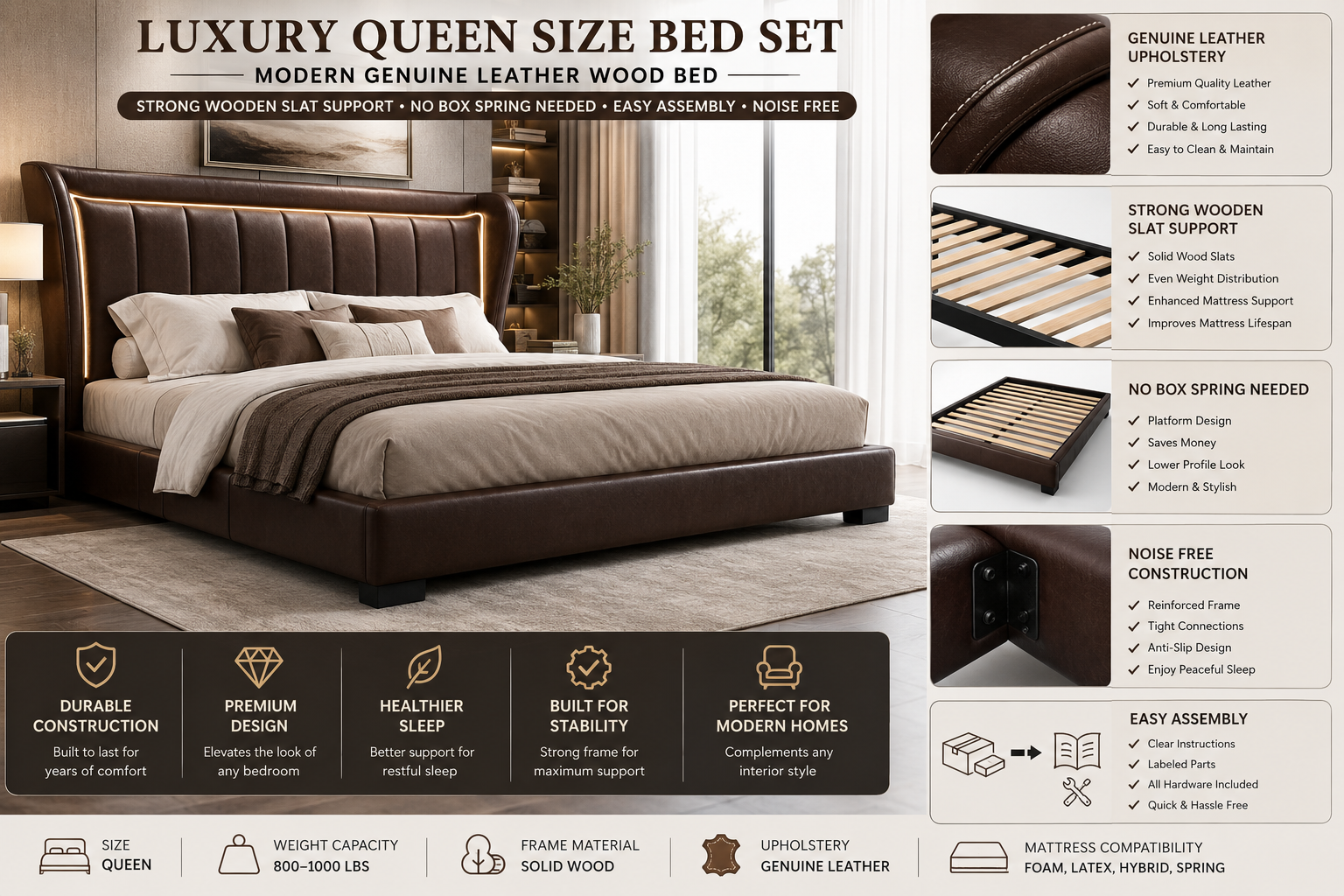 Luxury queen size genuine leather bed frame