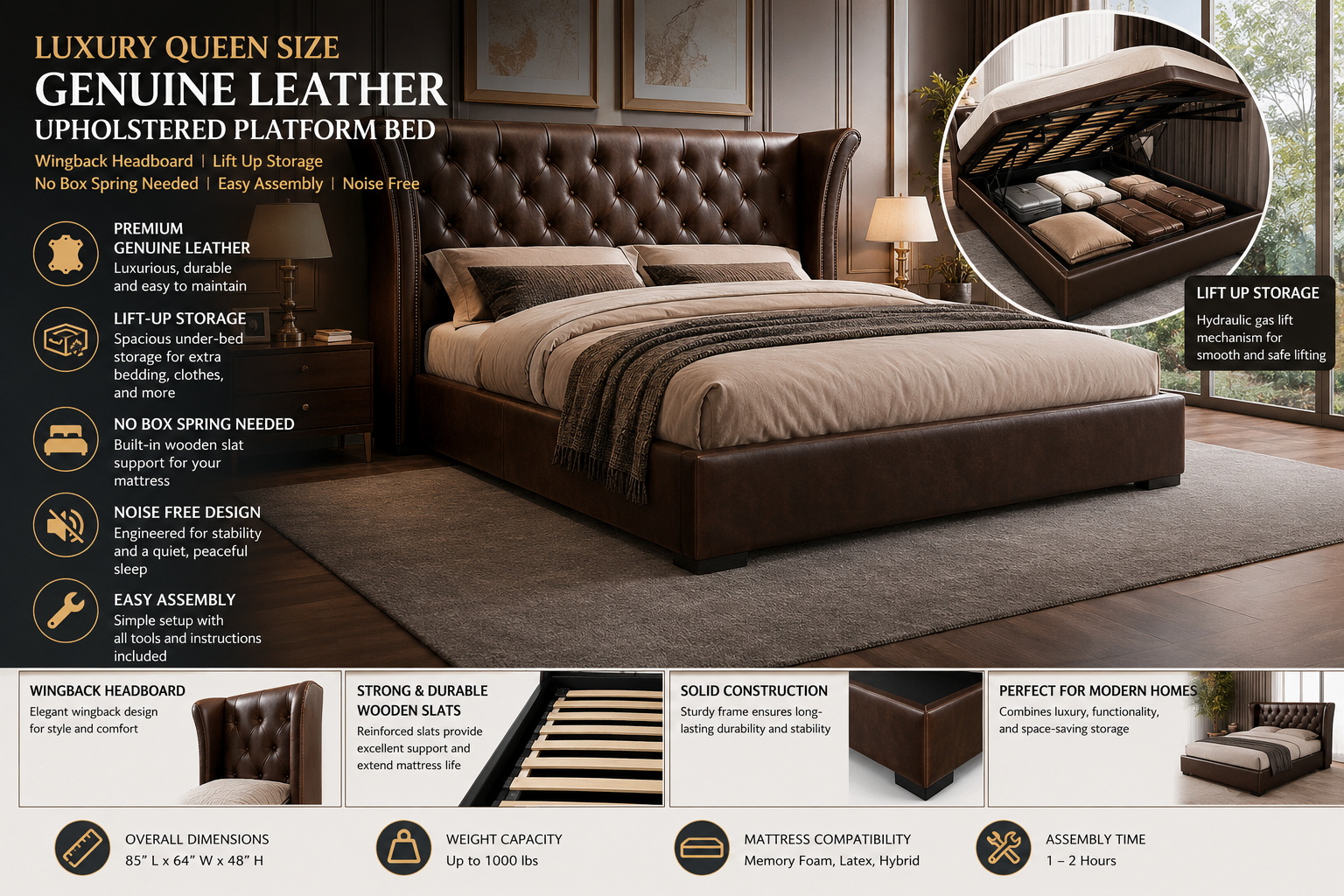 Luxury queen size genuine leather platform bed with wingback headboard