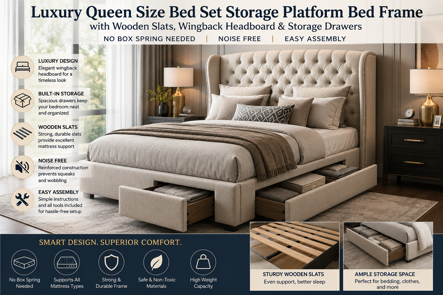Luxury Queen Size Bed Set Storage Platform Bed Frame with Wooden Slats Wingback Headboard and Storage Drawers No Box Spring Needed Noise Free Easy Assembly