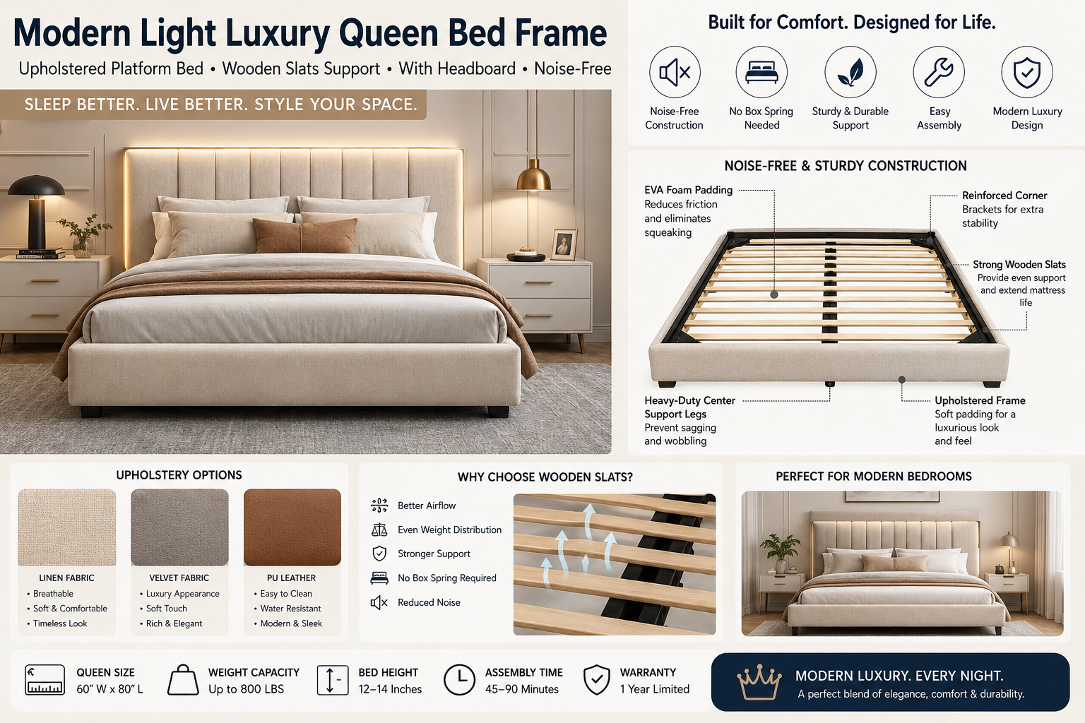Modern Light Luxury Queen Bed Frame