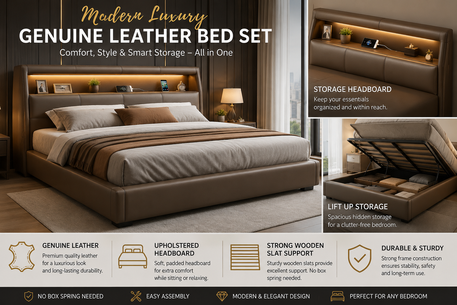 Modern Luxury Bed With Genuine Leather