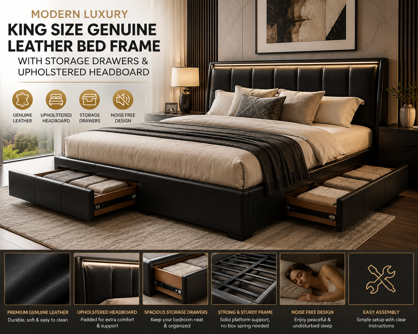 Modern Luxury Leather King Bed with Storage Drawers