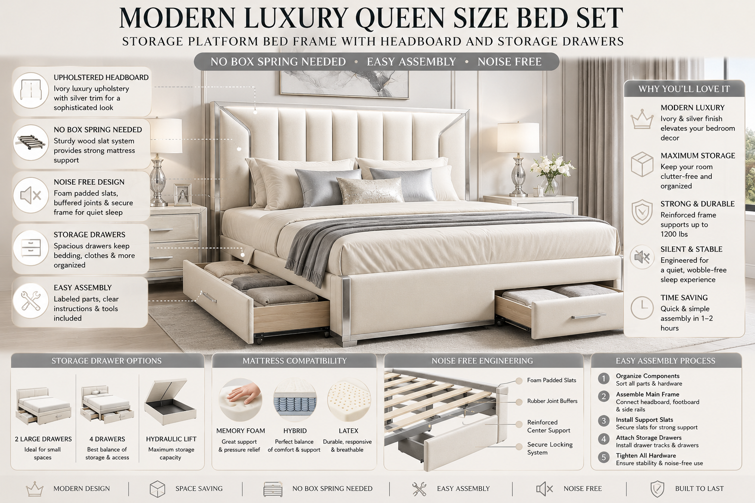 Modern Luxury Queen Size Storage Platform Bed with Silver accents