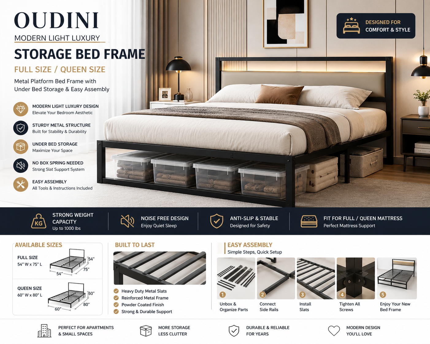Modern OUDINI storage bed frame with spacious under-bed storage containers, metal platform structure, LED headboard, and easy assembly design