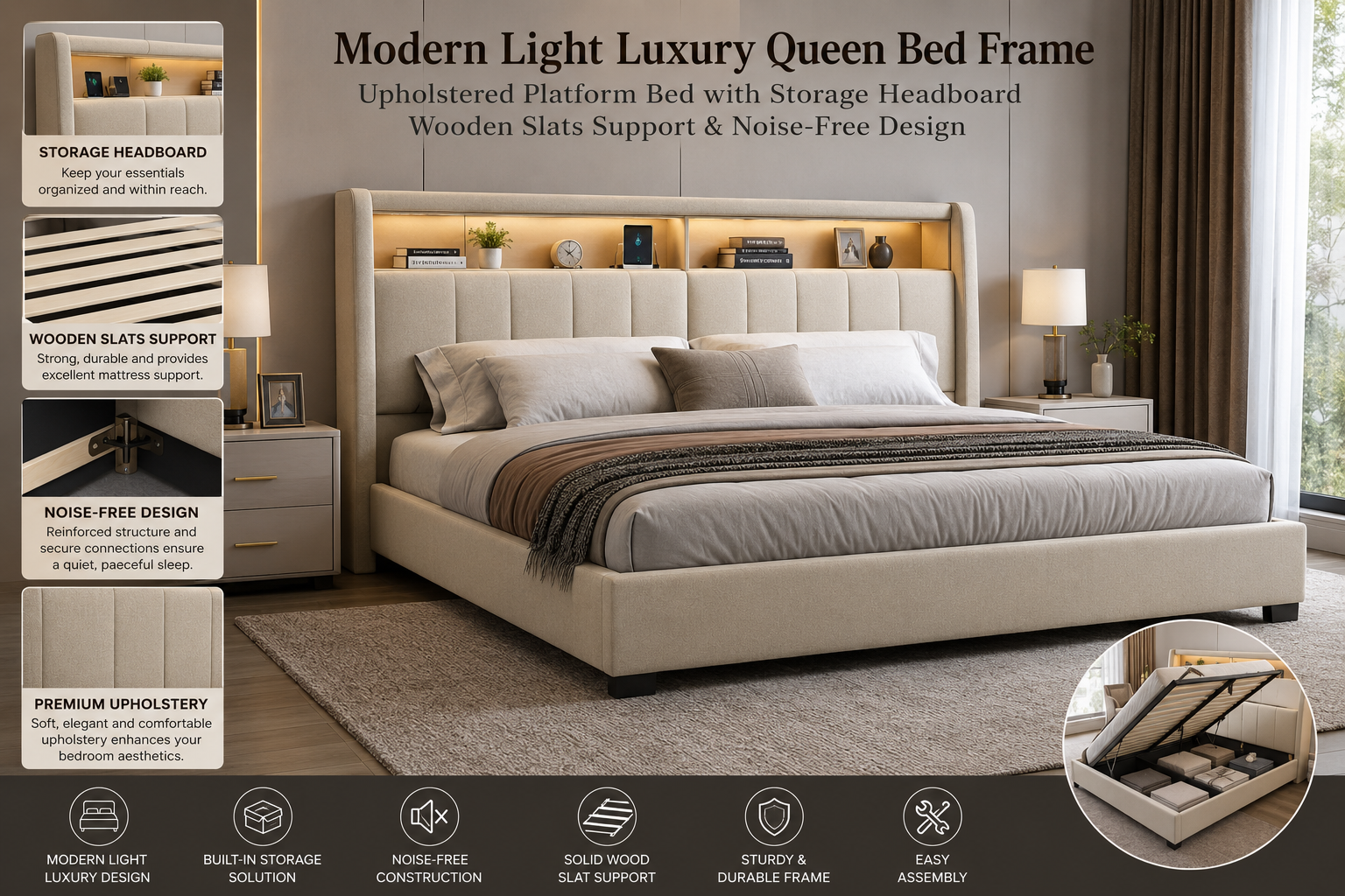 Modern light luxury queen upholstered platform bed with storage headboard