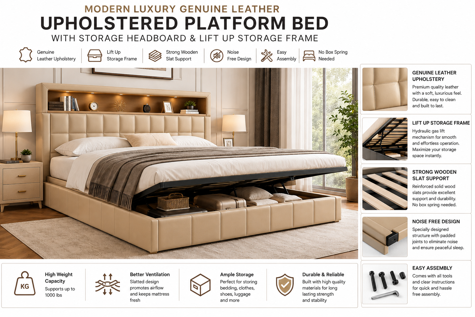 Modern luxury beige genuine leather upholstered platform bed with storage headboard, lift-up storage frame, strong wooden slat support, noise-free design, no box spring needed