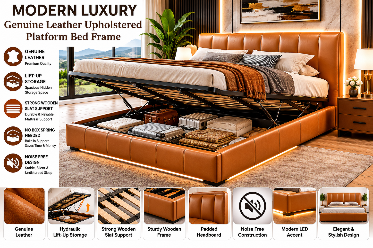 Modern luxury genuine leather upholstered platform bed frame with lift-up storage