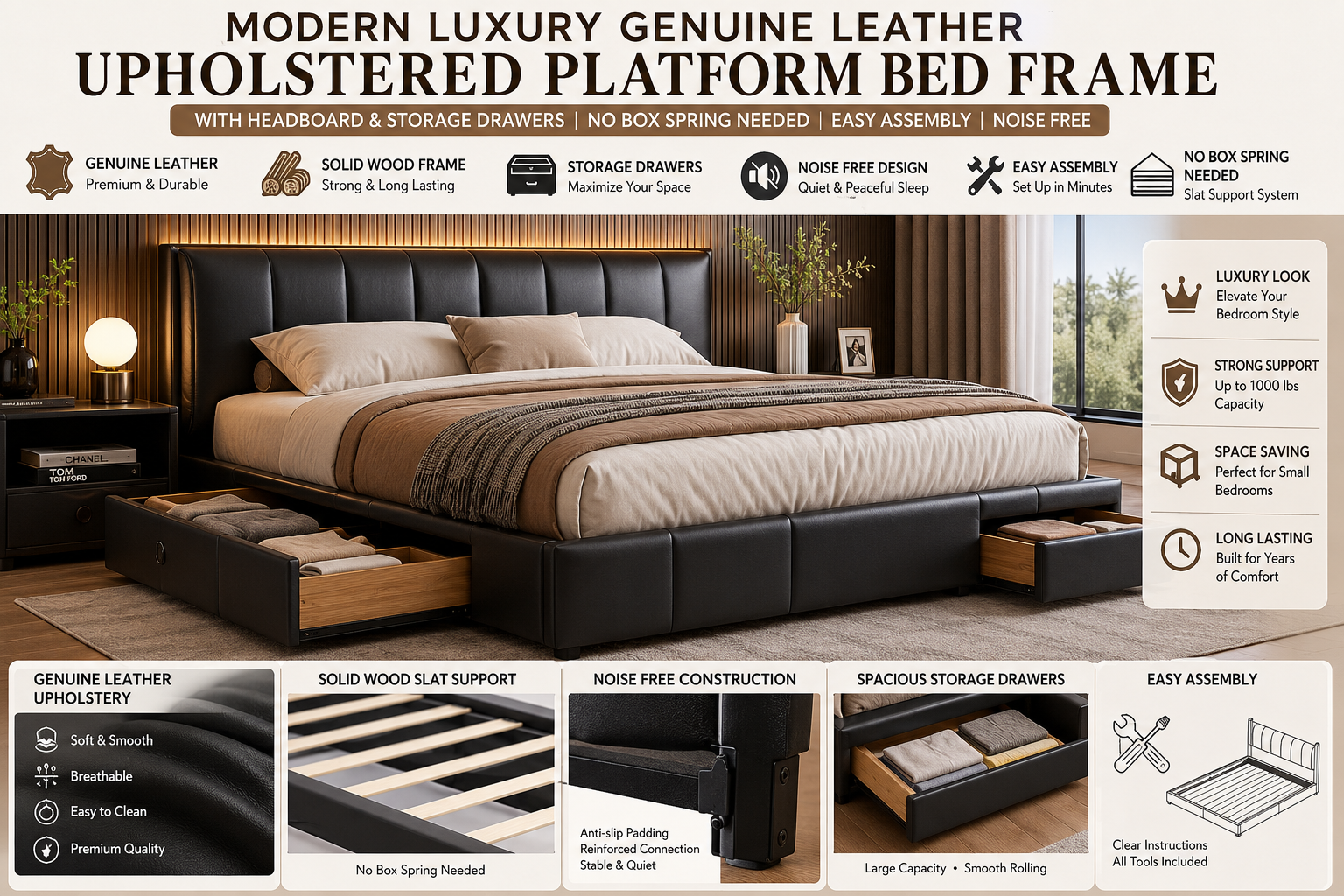 Modern luxury genuine leather upholstered platform bed frame with storage drawers and padded headboard