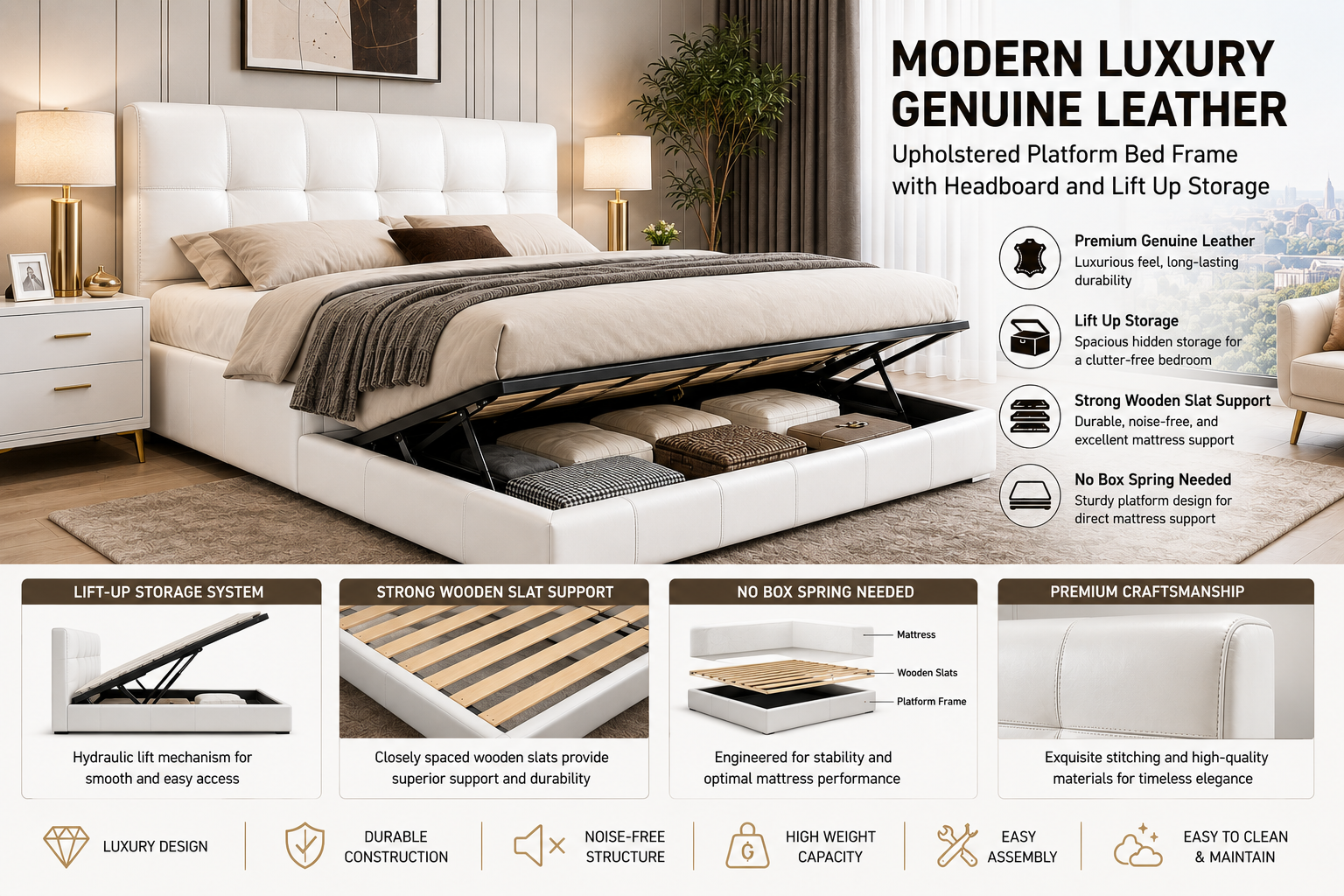 Modern luxury genuine leather upholstered platform bed frame with storage