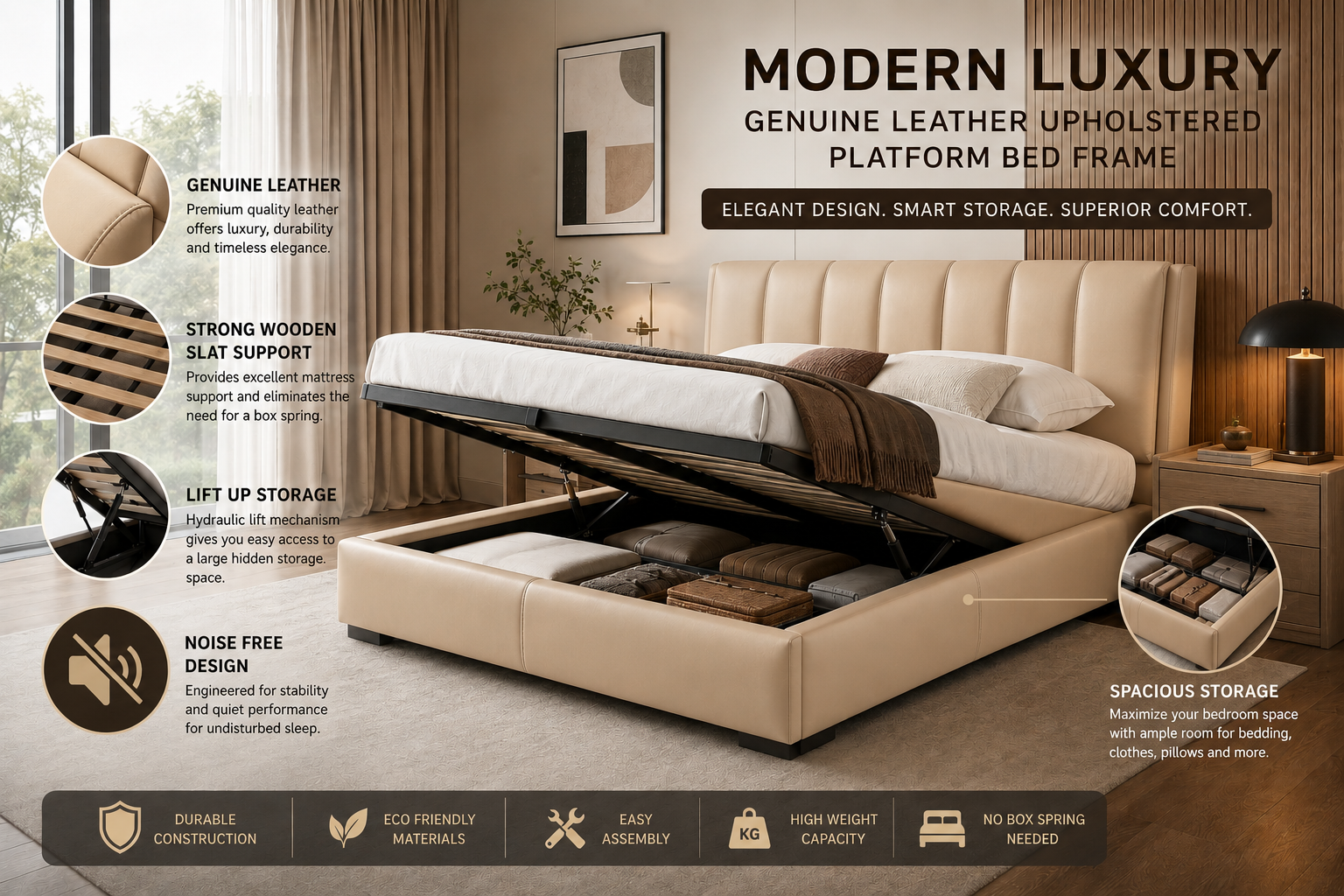 Modern Luxury Genuine Leather Wood Bed Upholstered Platform Bed Frame with Headboard and Lift Up Storage Strong Wooden Slat Support No Box Spring Needed Noise Free