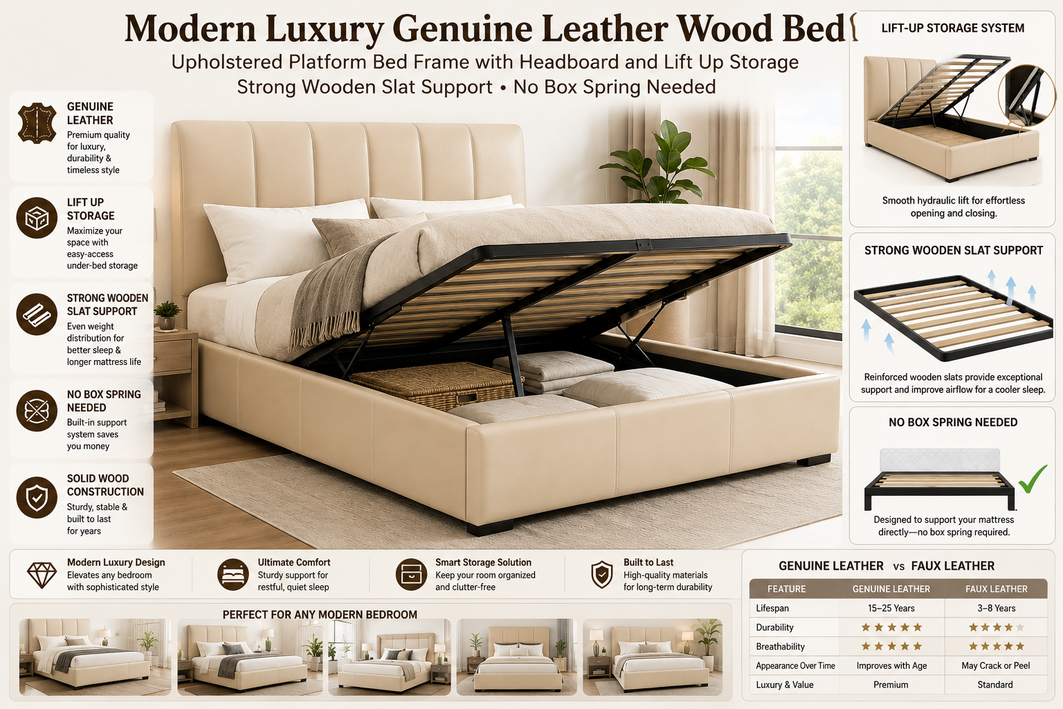 Modern luxury genuine leather upholstered platform bed with storage