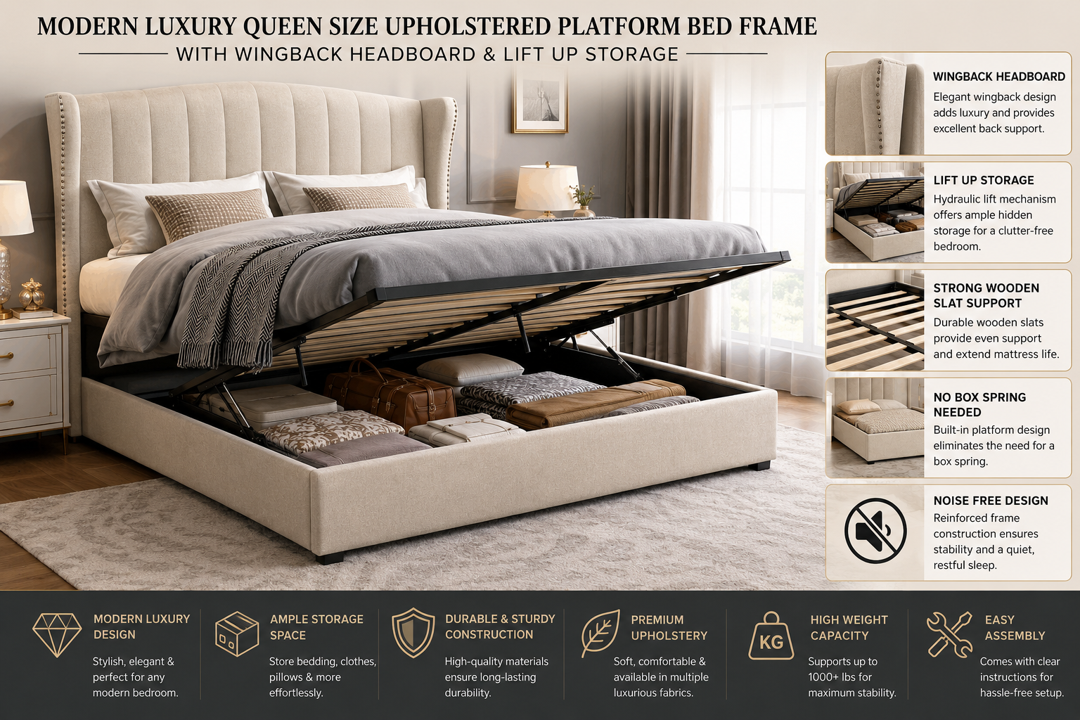 Modern luxury queen upholstered platform bed with wingback headboard