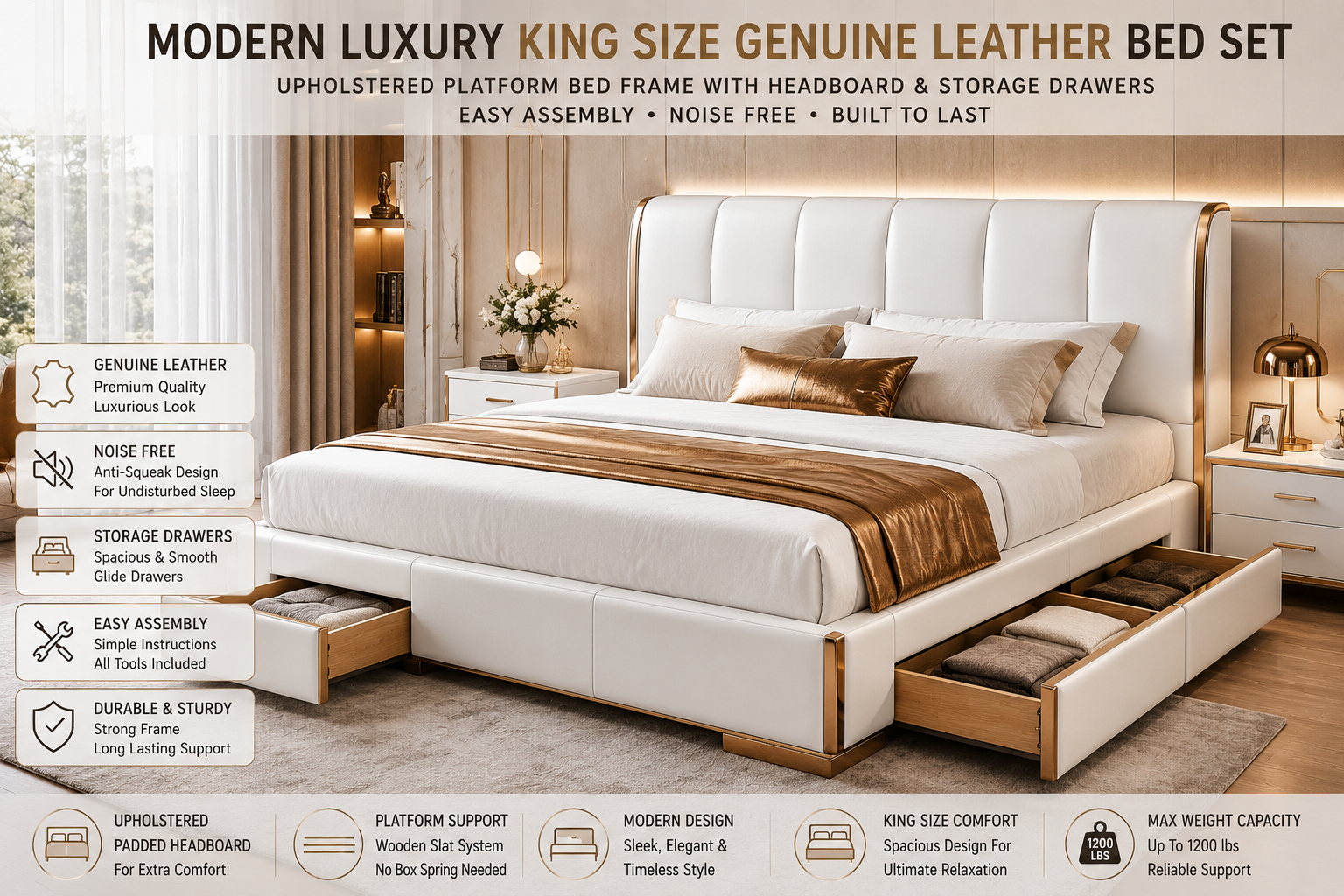 Modern luxury white genuine leather king size bed with storage drawers