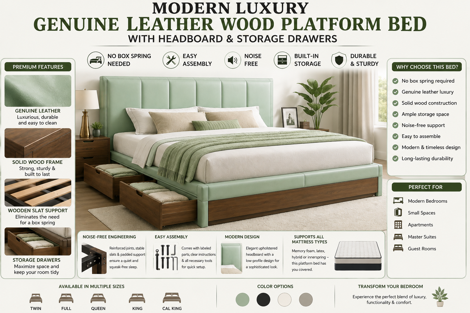 Modern mint green genuine leather platform bed with upholstered headboard and storage drawers