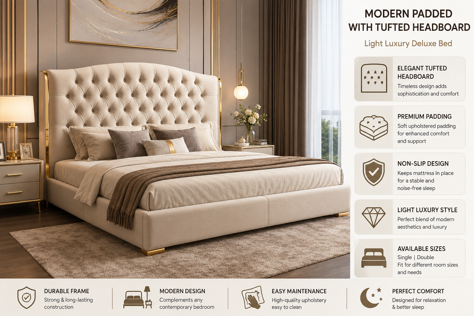 Modern padded tufted headboard luxury bed