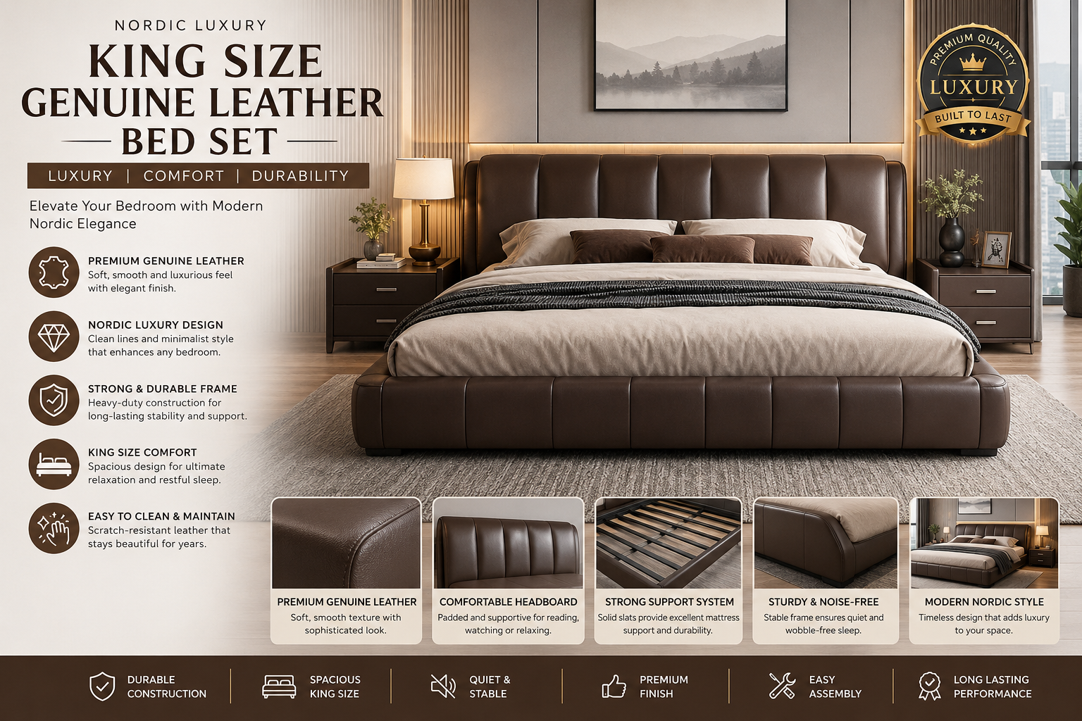 Nordic Luxury King Size Genuine Leather Bed Set