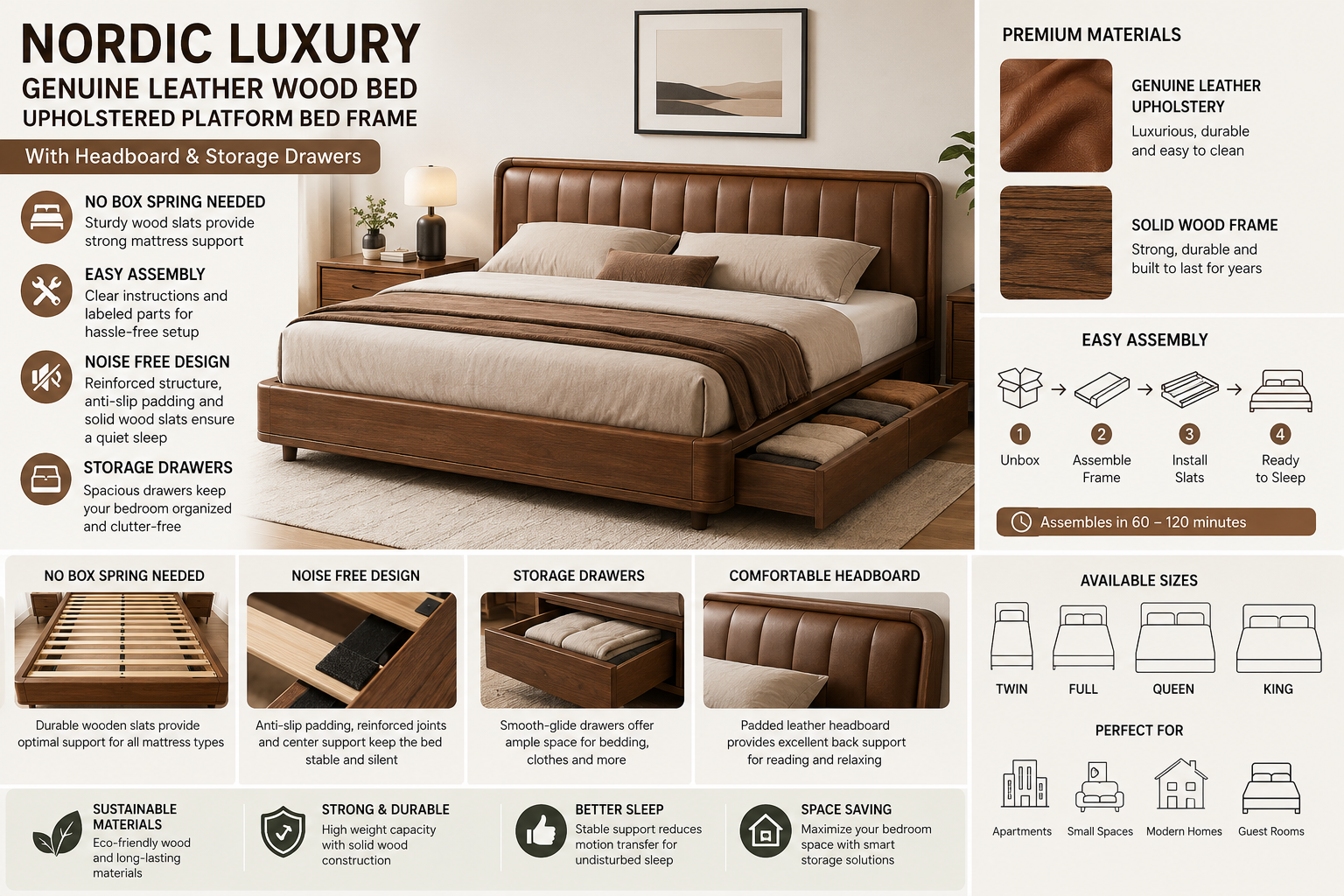 Nordic luxury genuine leather upholstered platform bed with wood frame and storage drawers