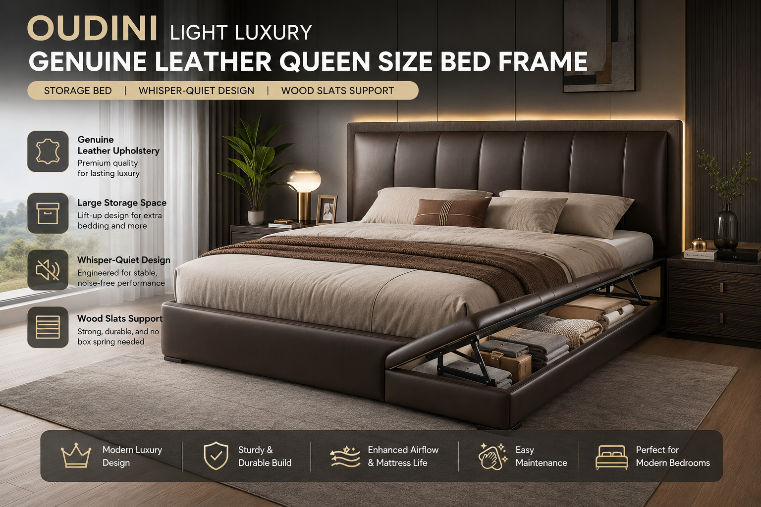 OUDINI genuine leather queen size storage bed frame with upholstered headboard