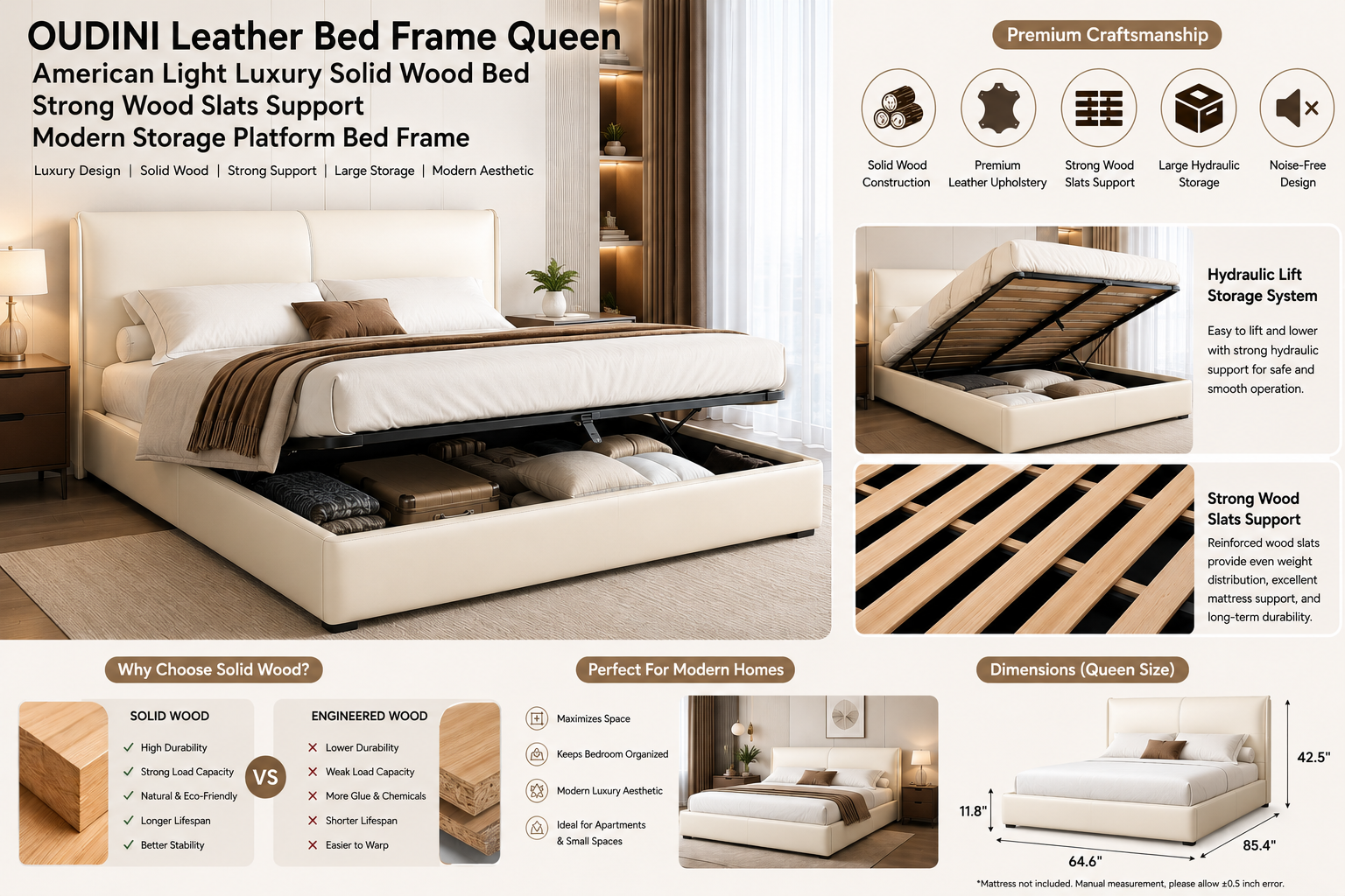 OUDINI leather queen platform bed with hydraulic storage