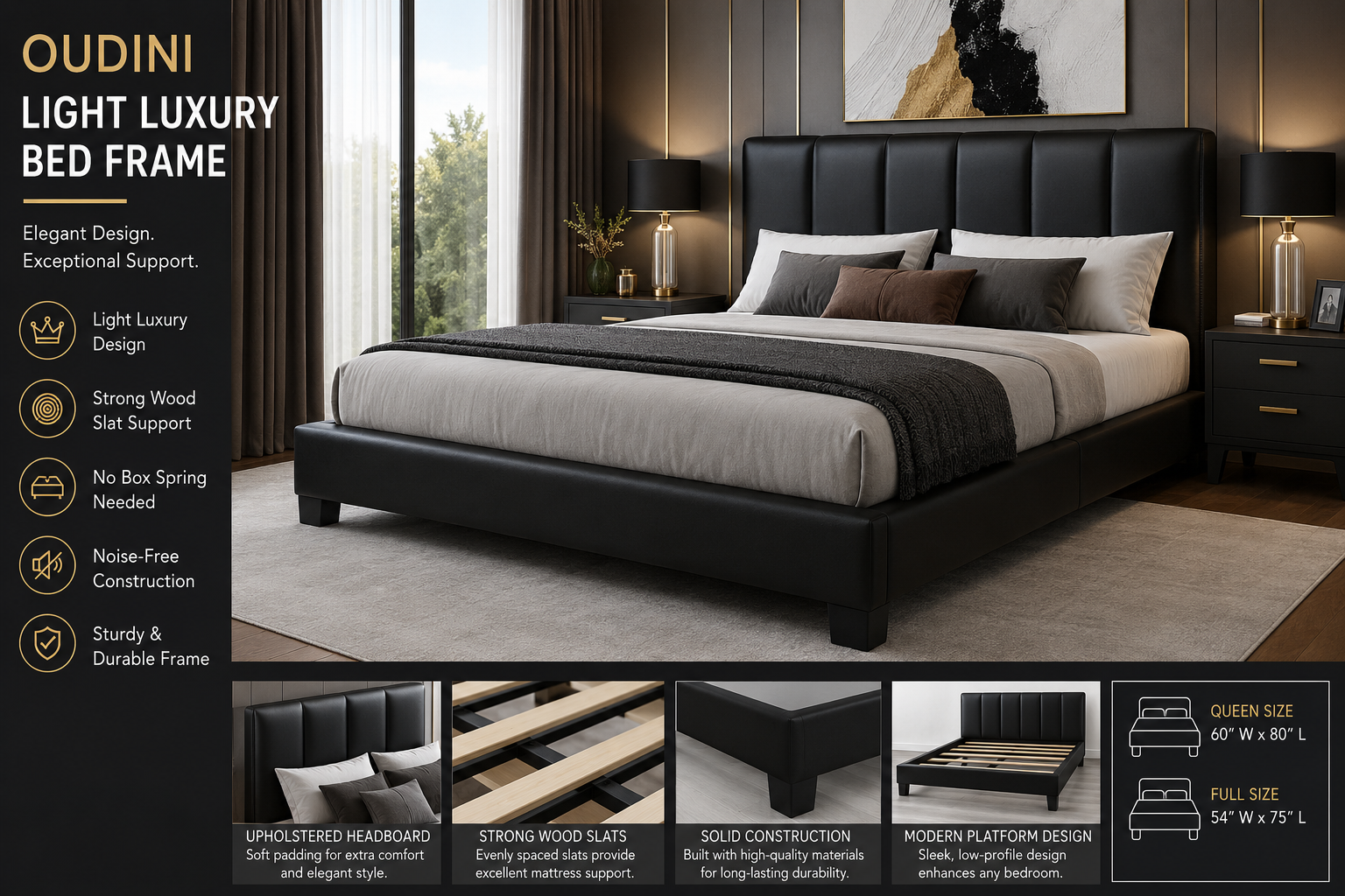 OUDINI Light Luxury Master Bedroom Full Size Bed Frame with Headboard Bed Frame Queen Strong Wood Slats Support No Box Spring Needed, Black