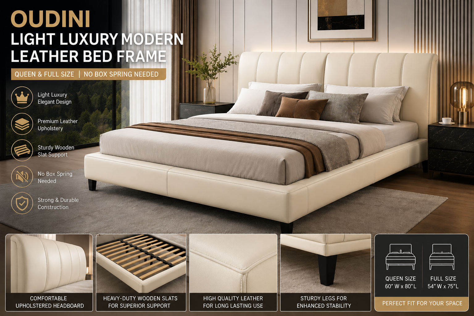 OUDINI Light Luxury Modern Leather Bed Frame Queen Full Size Bed Frame with Headboard No Box Spring Needed