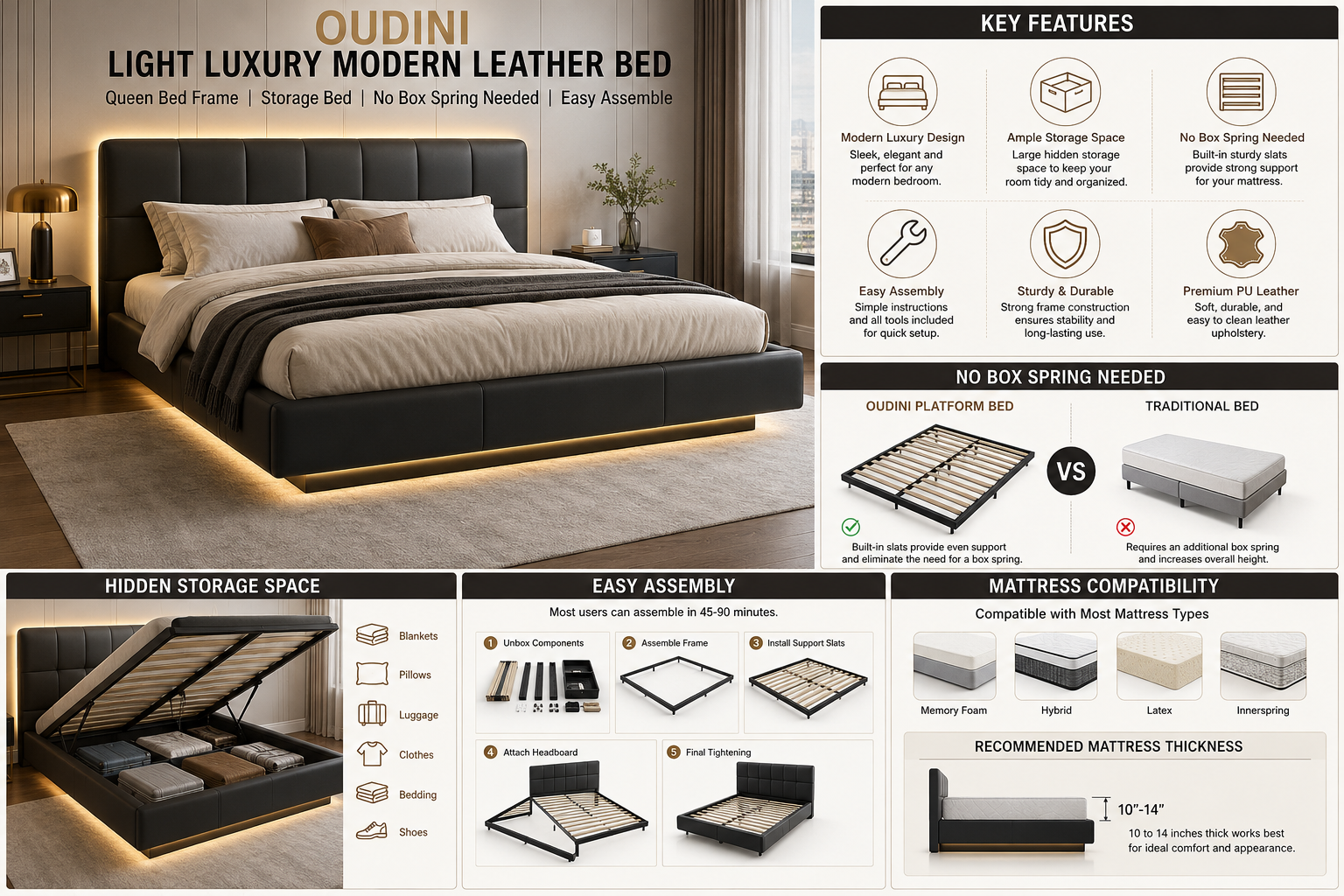 OUDINI light luxury modern leather queen bed frame with hidden storage and no box spring needed