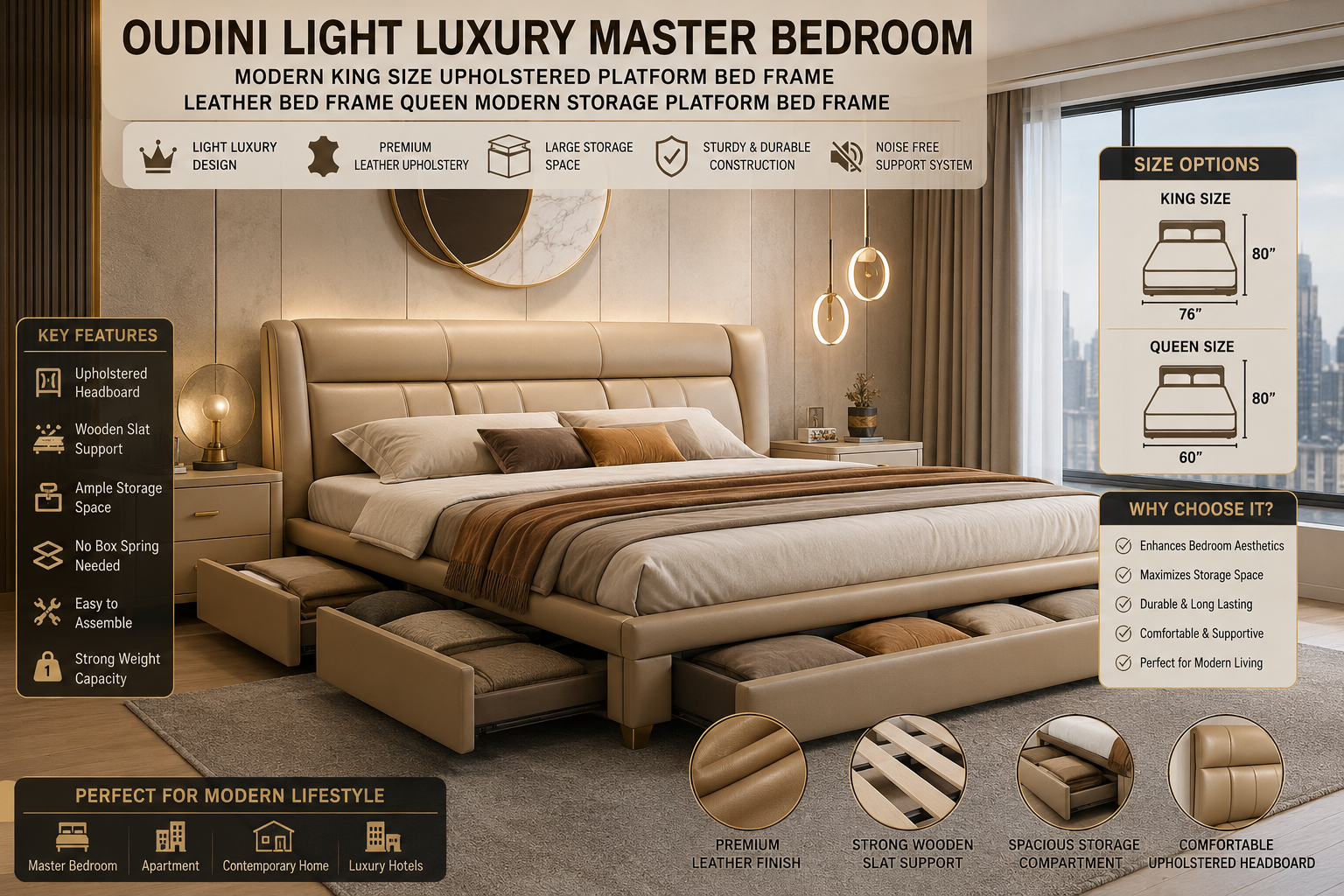 OUDINI Light Luxury Master Bedroom Modern King Size Upholstered Platform Bed Frame Leather Bed Frame Queen Modern Storage Platform Bed Frame