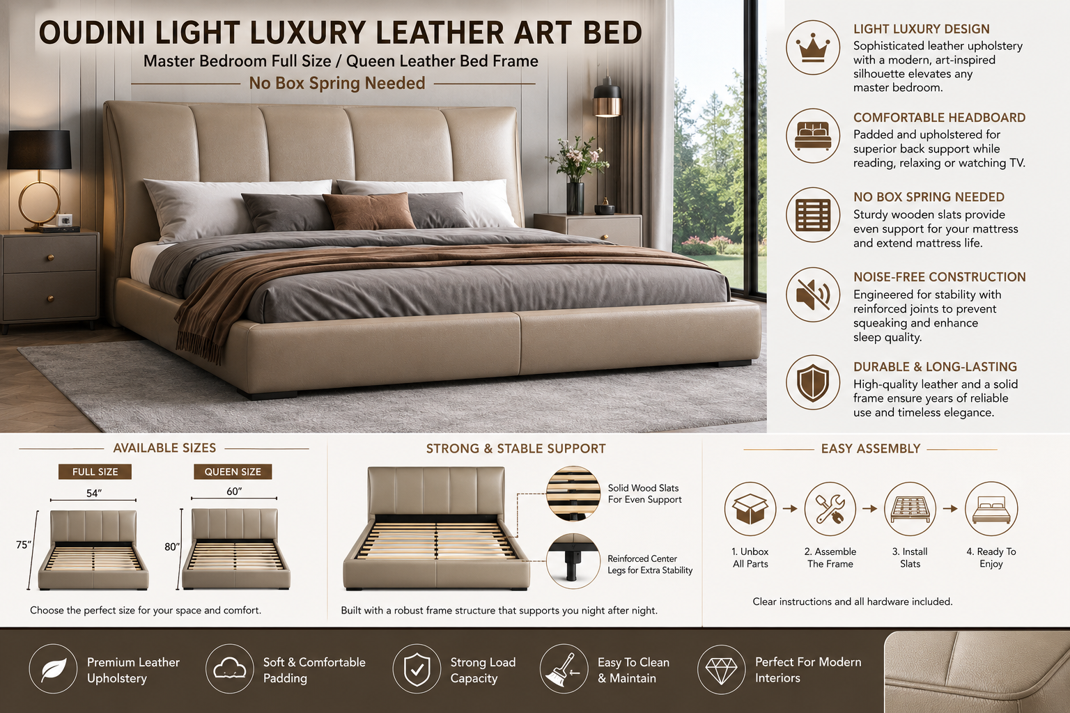 OUDINI Light Luxury Leather Art Bed Master Bedroom Full Size Bed Frame with Headboard Leather Bed Frame Queen No Box Spring Needed