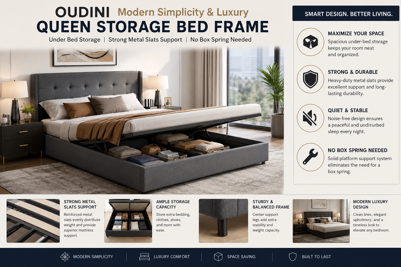 OUDINI Modern Simplicity and Luxury Queen Bed Frame Storage Bed Under Bed Storage Strong Metal Slats Support No Box Spring Needed