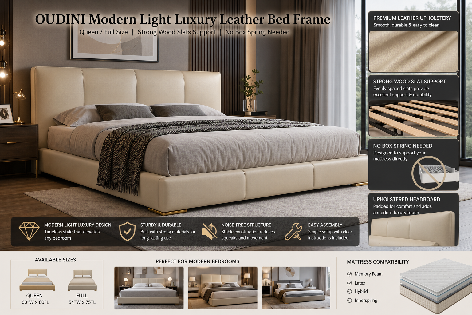 OUDINI Modern Light Luxury Leather Bed Frame Queen Strong Wood Slats Support Full Size Bed Frame with Headboard No Box Spring Needed