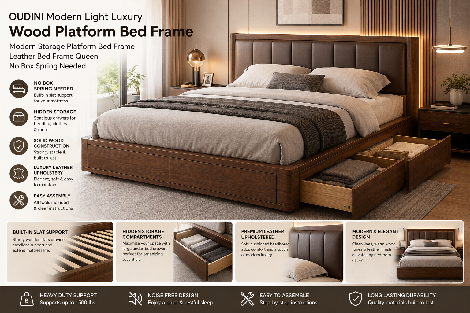 OUDINI modern luxury wood platform bed frame with leather upholstered headboard and hidden storage drawers in contemporary bedroom