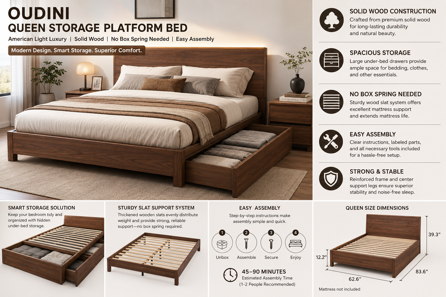 OUDINI queen storage platform bed solid wood no box spring needed easy assembly