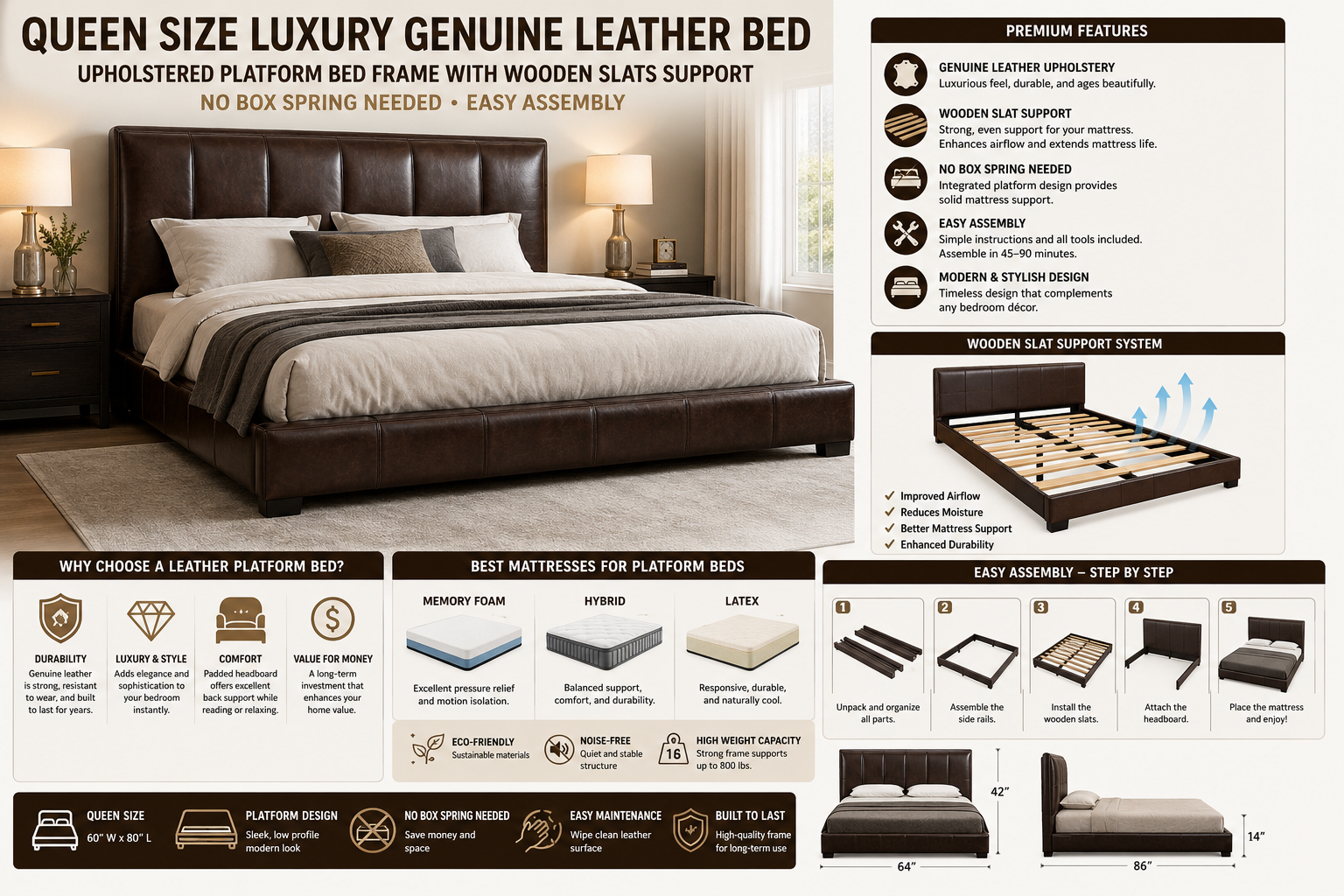 Queen Size Luxury Genuine Leather Bed Upholstered Platform Bed Frame with Wooden Slats Support No Box Spring Needed Easy Assembly