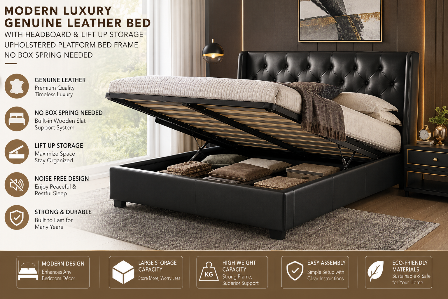 Modern Luxury King Size Genuine Leather Bed with Headboard and Lift Up Storage Upholstered Platform Bed Frame No Box Spring Needed Easy Assembly Noise Free