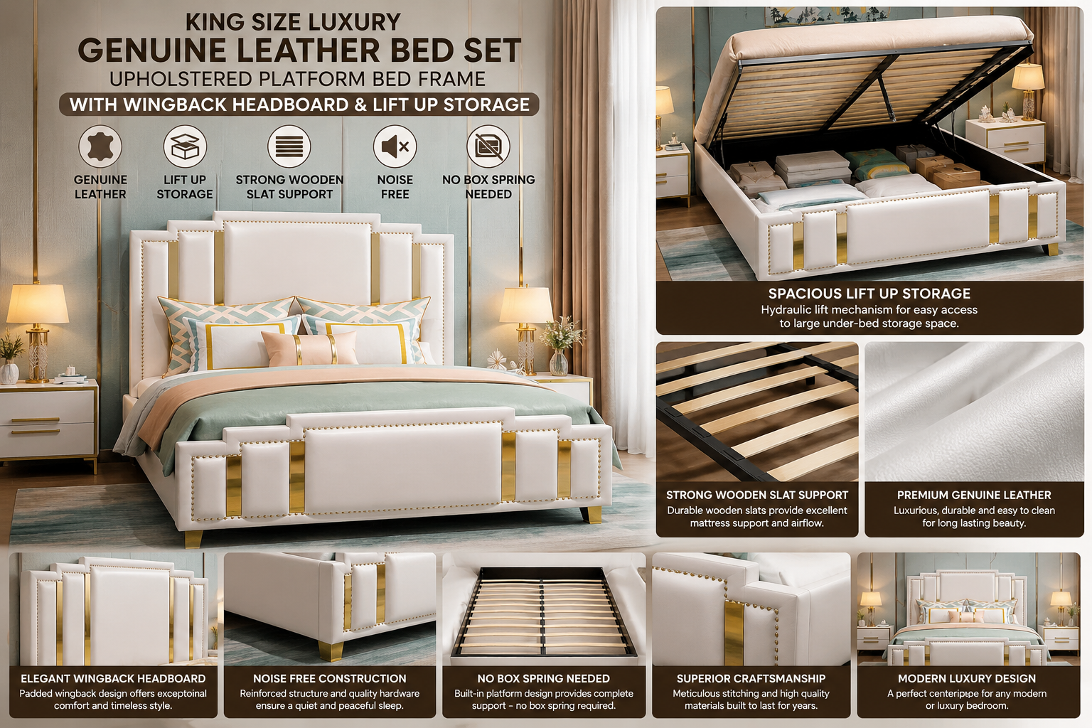 King Size Luxury Genuine Leather Bed Set Upholstered Platform Bed Frame with Wingback Headboard and Lift Up Storage Strong Wooden Slat Support No Box Spring Needed Noise Free