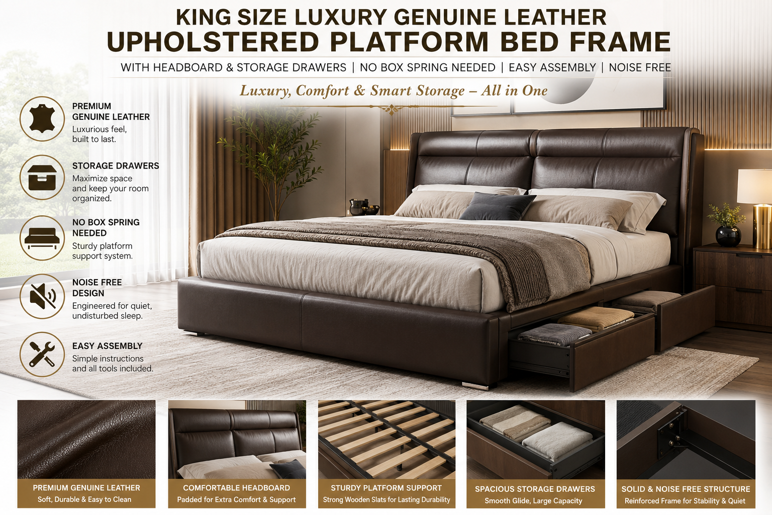 King Size Luxury Genuine Leather Bed Upholstered Platform Bed Frame with Headboard and Storage Drawers No Box Spring Needed Easy Assembly Noise Free