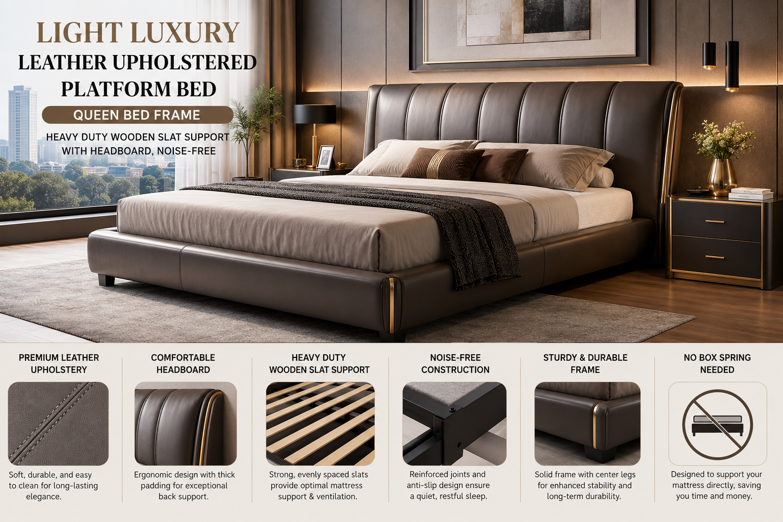Light Luxury Leather Upholstered Platform Bed, Queen Bed Frame with Heavy Duty Wooden Slat Support with Headboard, Noise-Free