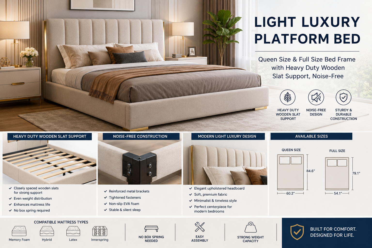 Light Luxury Queen Size Platform Bed Full Size Bed Frame with Heavy Duty Wooden Slat Support Noise-Free