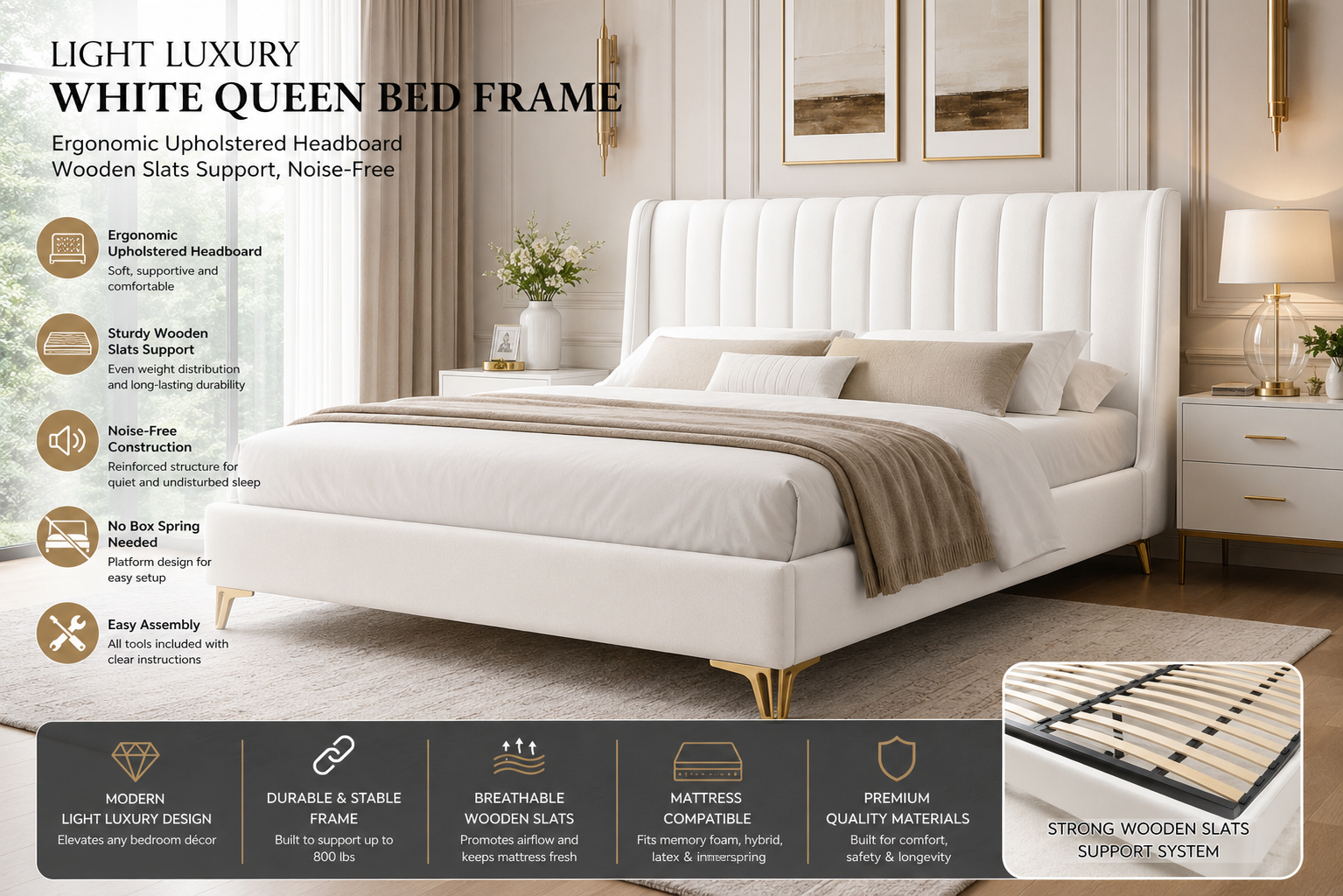 Light Luxury White Queen Bed Frame, Full Size Bed Frame Ergonomic Upholstered Headboard Wooden Slats Support, Noise-Free
