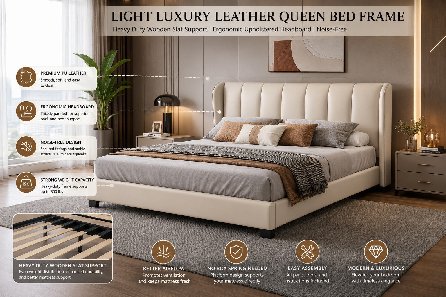 Light Luxury Leather Queen Bed Frame, Full Size Bed Frame with Heavy Duty Wooden Slat Support Ergonomic Upholstered Headboard, Noise-Free