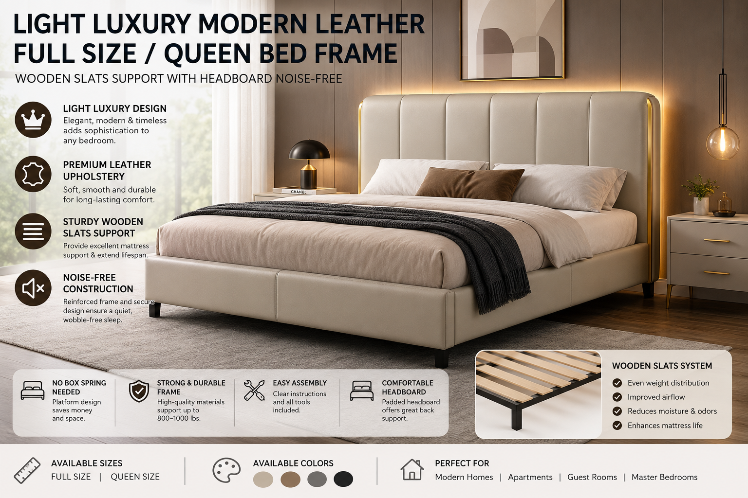 Light Luxury Modern Leather Full Size Bed Frame, Queen Bed Frame Wooden Slats Support with Headboard Noise-Free